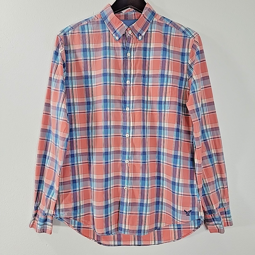 American‎ Eagle Men’s Button Down Shirt Medium Plaid Long Sleeve Logo Casual